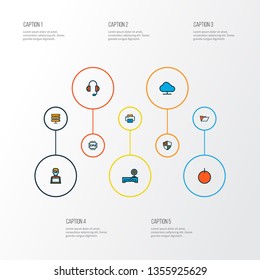 Computer icons colored line set with folder, shield, man with laptop and other broadband elements. Isolated vector illustration computer icons.