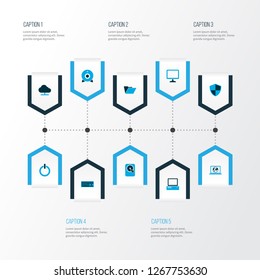 Computer icons colored set with internet, start button, computer and other connection  elements. Isolated vector illustration computer icons.