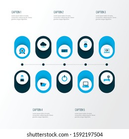 Computer icons colored set with computer, internet, computer mouse and other modem elements. Isolated vector illustration computer icons.