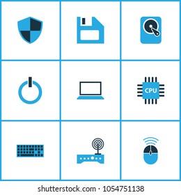 Computer icons colored set with laptop, cpu, wifi and other notebook   elements. Isolated vector illustration computer icons.
