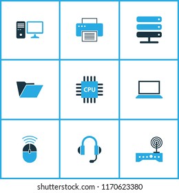 Computer icons colored set with laptop, wifi, cpu and other modem elements. Isolated vector illustration computer icons.