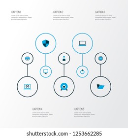 Computer icons colored set with laptop, man with notebook, monitor and other print elements. Isolated vector illustration computer icons.