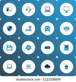 Computer icons colored set with online cloud, PC, hard disk and other PC elements. Isolated vector illustration computer icons.