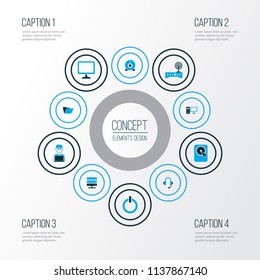 Computer icons colored set with start button, folder, man with notebook and other earphones   elements. Isolated vector illustration computer icons.