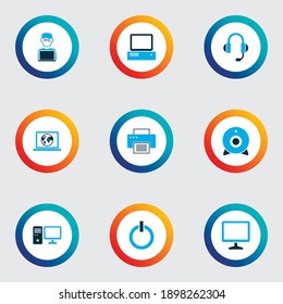 Computer icons colored set with start button, man with notebook, internet and other laptop elements. Isolated vector illustration computer icons.