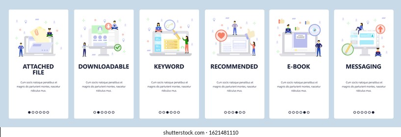 Computer icons, files and data, online profiles, recommendation, chat messages. Mobile app onboarding screens. Menu vector banner template for website and mobile development. Web site design flat