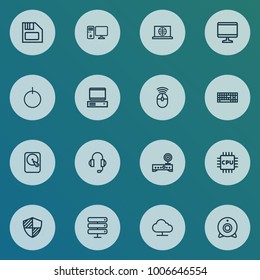 Computer icons line style set with power, PC, floppy and other earphones  elements. Isolated vector illustration computer icons.