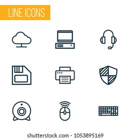 Computer icons line style set with diskette, shield, print and other storage  elements. Isolated vector illustration computer icons.