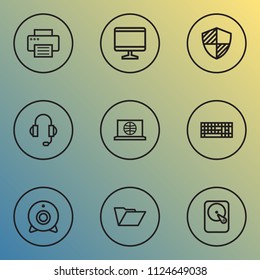 Computer icons line style set with print, monitor, headphones and other protect  elements. Isolated vector illustration computer icons.