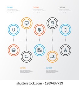 Computer icons line style set with router, winchester, microprocessor and other earphones  elements. Isolated vector illustration computer icons.