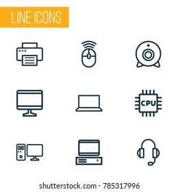 Computer icons line style set with peripheral, PC, cpu and other camera  elements. Isolated vector illustration computer icons.