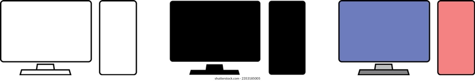 Computer icons lined, isolated and colored version. Computer monitor icons collection. Vector ilustration