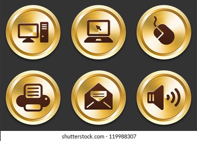 Computer Icons on Gold Button Collection Original Illustration