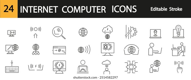 Computer icons on the Internet, table, keyboard, computer, monitor, man, hand. Editable stroke.