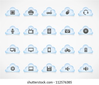 Computer icons on light clouds. Image contains transparency - you can put it on every surface. 10 EPS