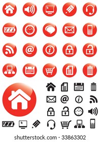Computer icons on red buttons with NO TRANSPARENCIES, totally editable shapes.  Pictures in both white and black, perfect for navigating a website or mobile platform.