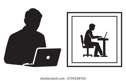 Computer icons: person working on laptop at desk and programmer silhouette