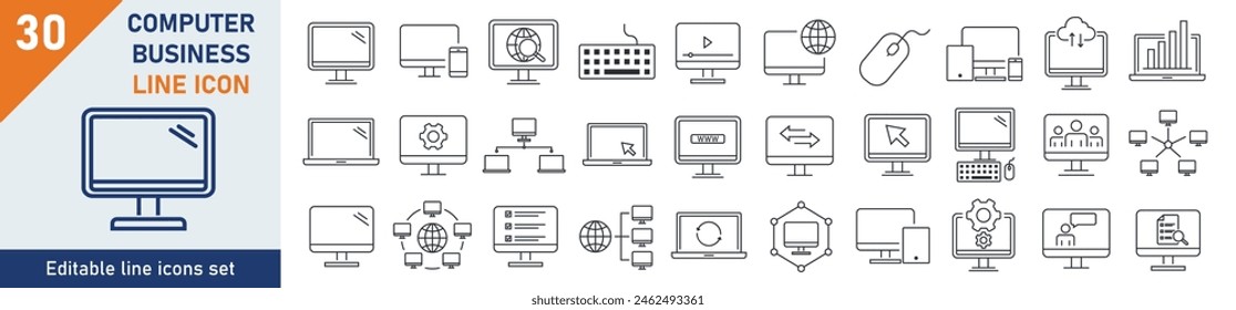 Computer icons Pixel perfect. Computer icon set. Set of 30 outline icons related to computer, network, media, setup. Linear icon collection. Editable stroke. Vector illustration.