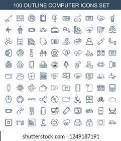 computer icons. Set of 100 outline computer icons included car, chip, lock, printer, download upload cloud on white background. Editable computer icons for web, mobile and infographics.