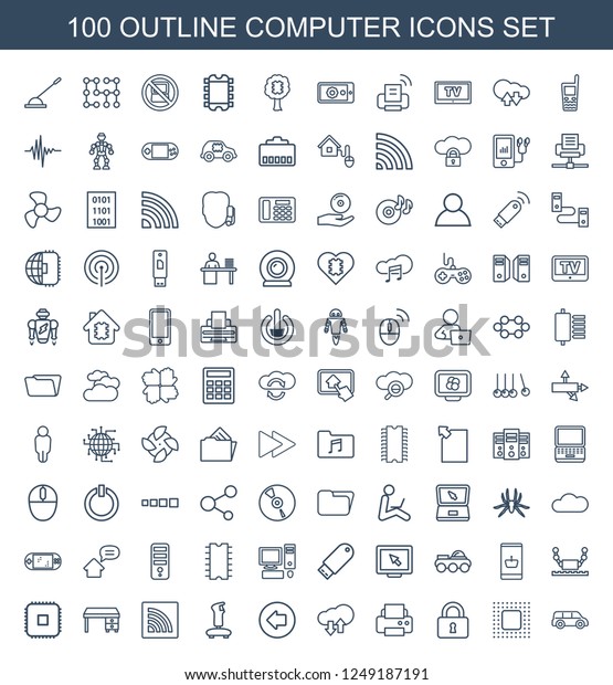 computer\
icons. Set of 100 outline computer icons included car, chip, lock,\
printer, download upload cloud on white background. Editable\
computer icons for web, mobile and\
infographics.