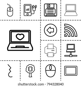 Computer icons. set of 13 editable outline computer icons such as arrow left, mouse, cpu in tree, laptop with heart, wi-fi, tablet, mp3 player, diskette, pause, laptop