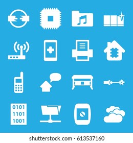 Computer icons set. set of 16 computer filled icons such as cloudy weather, clean window, music folder, phone, camera display, printer, home message, electric circuit