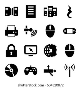 Computer icons set. set of 16 computer filled icons such as signal tower, printer, lock, portable console, cd, pause, mouse, server, document, display pointer, cpu planet
