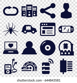 Computer Icons Set. Set Of 16 Computer Filled Icons Such As Spider, Laptop With Heart, Browser, Mri, Mp3 Player, Reload Replay, Server, Portable Game Console, Cpu In Car, Cpu