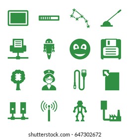 Computer icons set. set of 16 computer filled icons such as signal tower, tablet, arm lever, diskette, nurse, smiley, wire, robot, cpu in tree, constellation, server