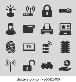 Computer icons set. set of 16 computer filled icons such as signal tower, lock, opened lock, customer support, cd on hand, printer, real estate on laptop, cpu, finger print