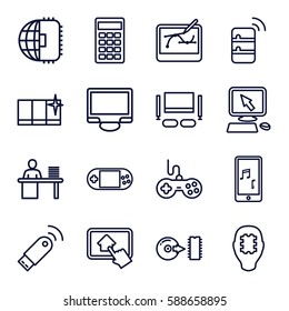 computer icons set. Set of 16 computer outline icons such as joystick, pointer on display, clean window, portable console, display, mobile phone music, disc, calculator