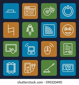 computer icons set. Set of 16 computer outline icons such as TV, finger on tablet, disc on fire, mp3 player, arm lever, browser, music pause, pause, signed document, smiley