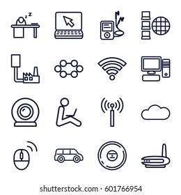 computer icons set. Set of 16 computer outline icons such as signal tower, CD, mp3 player, man sleeping on table, pc, cloud, web camera, wi-fi, man sitting with laptop
