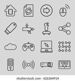 Computer icons set. set of 16 computer outline icons such as TV, arrow right, CPU, reload, laptop, flash drive, cloud, computer mouse, router, electric circuit, arrow