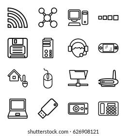 Computer icons set. set of 16 computer outline icons such as mouse, wi-fi, operator, diskette, desk phone, usb drive, gear on display, smart home, pc, portable game console