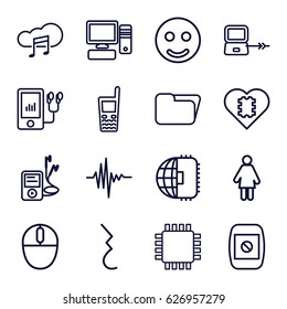 Computer icons set. set of 16 computer outline icons such as laptop connection, old phone, mp3 player, music equalizer, music cloud, pause, pc, mouse, camera display, cpu