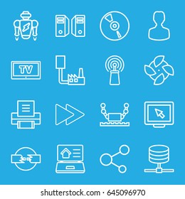 Computer icons set. set of 16 computer outline icons such as signal, share, cd, fast forward, real estate on laptop, printer, tv, server, display, robot, user