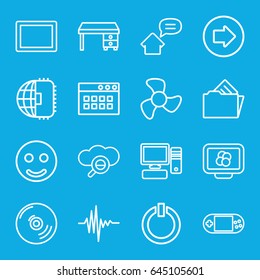 Computer icons set. set of 16 computer outline icons such as arrow right, office desk, portable console, tablet, music equalizer, pc, document in folder, fan, switch off