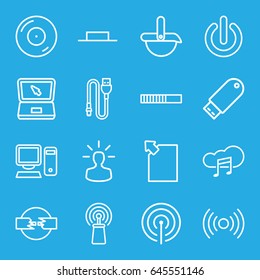 Computer icons set. set of 16 computer outline icons such as disc on fire, signal, music pause, flash drive, music cloud, laptop, wire, pc, user bulb, robot, switch off