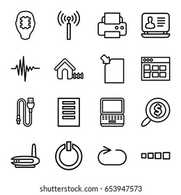 Computer icons set. set of 16 computer outline icons such as signal tower, house, laptop, printer, music equalizer, reload replay, wire, switch off, search dollar