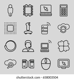Computer icons set. set of 16 computer outline icons such as laptop, calculator, support, mouse, chip, server, cpu, user, hands, search cloud, cloud sync, loading, joystick