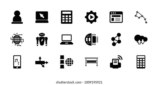 Computer icons. set of 18 editable filled computer icons: laptop, arrow, constellation, calculator, cloud download upload, cpu planet, robot, browser, mobile phone music