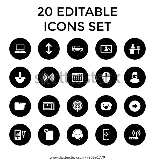 Computer icons. set of\
20 editable filled computer icons such as arrow right, folder,\
customer support, mp3 player, signal. best quality computer\
elements in trendy\
style.