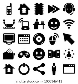 Computer icons. set of 25 editable filled computer icons such as smile, cpu in house, robot, disc on fire, display, fast forward, browser window, share