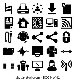 Computer icons. set of 25 editable filled computer icons such as qr code, folder, cpu in house, customer support, display, share, music equalizer, pause, download