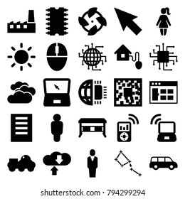 Computer icons. set of 25 editable filled computer icons such as cloudy weather, pointer, browser window, qr code, office desk, fan, car, user, cpu, cpu planet, document