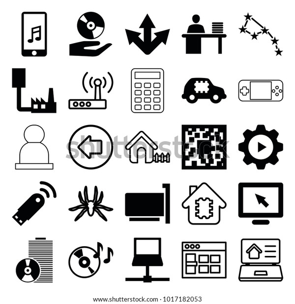 Computer icons. set of 25\
editable filled and outline computer icons such as qr code,\
display, constellation, cpu in car, disc on fire, laptop, phone\
connection cable,\
arrow