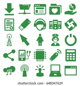 Computer icons set. set of 25 computer filled icons such as signal tower, folder with heart, signal, share, operator, mp3 player, browser, nurse, music cloud, download