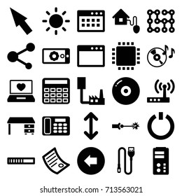 Computer icons set. set of 25 computer filled icons such as arrow left, calculator, office desk, laptop with heart, disc on fire, share, desk phone, wire, contrast