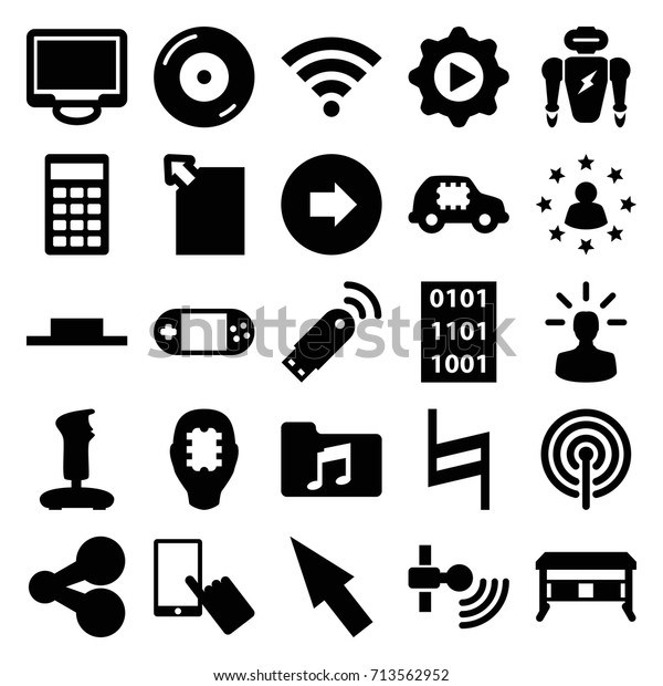 Computer icons set. set of 25\
computer filled icons such as arrow right, finger on display, disc\
on fire, portable console, display, music pause, music folder,\
pause
